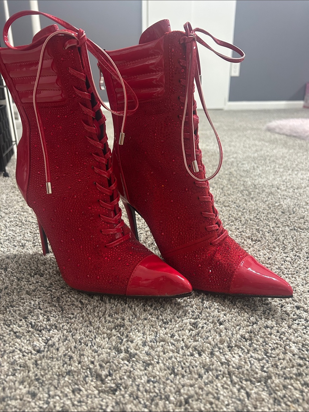 Red Lace-Up Stiletto Ankle Boots - Women